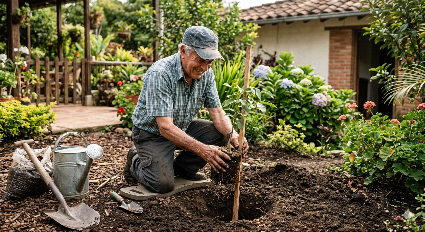 adulto mayor sonriente sembrando un arbol en su patio